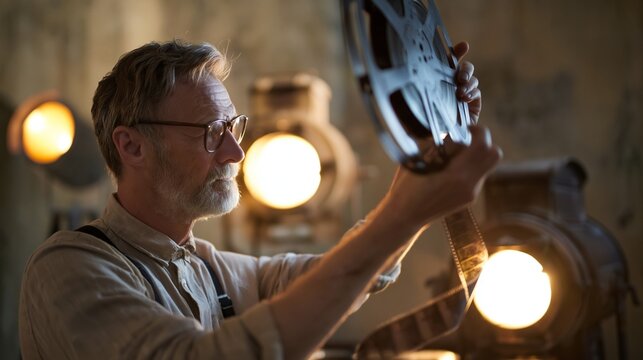 Experienced filmmaker preparing a classic motion picture reel for projection, carefully threading film onto an old projector in a dimly lit studio environment
