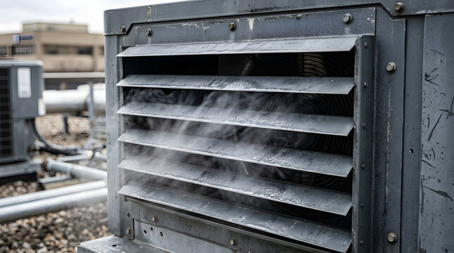 Close-up of an industrial air conditioning unit on a rooftop, emitting steam or mist through its vents, with a hint of pipes and another unit in the background.
