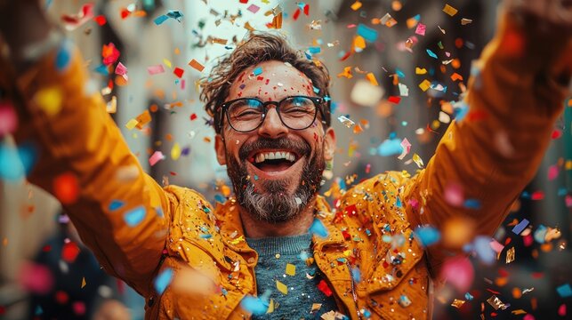 Joyful man celebrates, confetti falling, city street, celebration