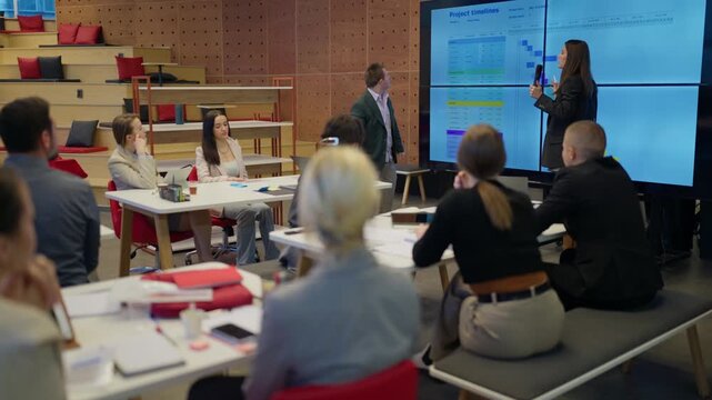 Coworkers participate in a business meeting, reviewing project timelines on a large screen display. Businesspeople collaborate in a modern office during a presentation, discussing corporate strategy
