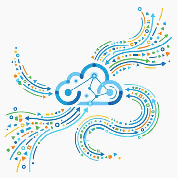 Cloud computing data flow abstract illustration with arrows and geometric shapes