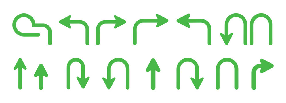 Green Arrow Collection: A set of varied green arrows showcasing different directions and shapes, illustrating movement, guidance, and choices.