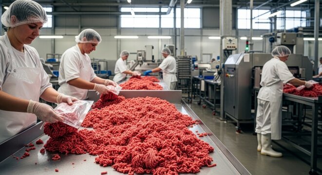 Food production workers preparing fresh minced beef for packaging in a clean, modern facility, emphasizing quality and efficiency.