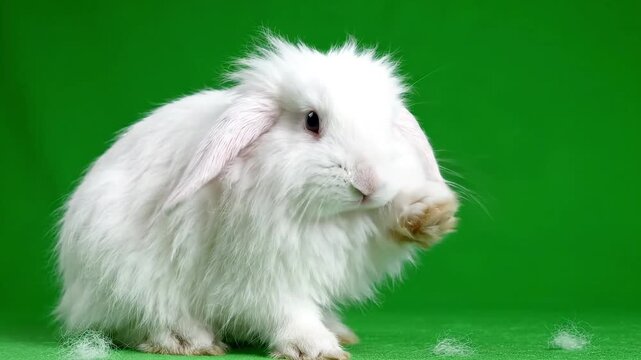 White Angora rabbit, fluffy fur, green background, cute animal, studio portrait