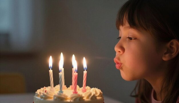 Young girl blowing out birthday candles on a white frosted cake, focused and joyful, in soft indoor lighting against a blurred home background