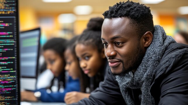 Man teaching kids coding, library background, education