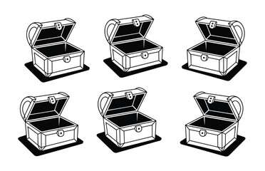 Six Open Treasure Chests: A graphic illustration depicting six identical, open treasure chests, casting subtle shadows on a plain surface, inviting imagination and possibility. © Vector By Thakur