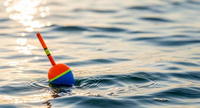 Vibrant fishing float bobbing on sparkling water at golden hour sunset, serene hobby and outdoor leisure concept