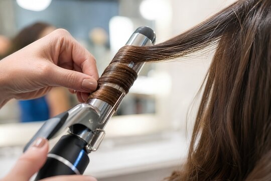 Professional hairdresser using curling iron to style a woman&rsquo;s long brown hair into bouncy waves in a modern salon setting. Beauty industry stock photo for styling tutorials