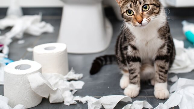 Cat sitting on bathroom floor surrounded by shredded toilet paper, looking directly at camera with an innocent expression after making a mess