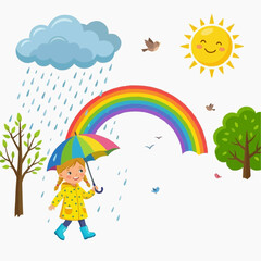Fototapeta premium Happy girl with umbrella walking in rain under rainbow and sun