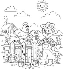Fototapeta premium Farmer or farm worker coloring page for kids and adults