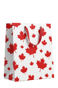 White gift bag with red maple leaf pattern and red handles isolated on transparent background