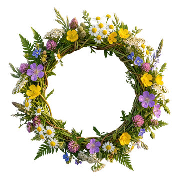 Flower wreath made of wildflowers isolated on transparent background
