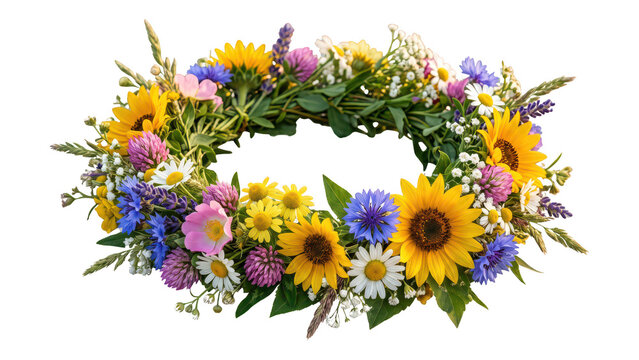 Flower wreath with sunflowers and wildflowers isolated on transparent background