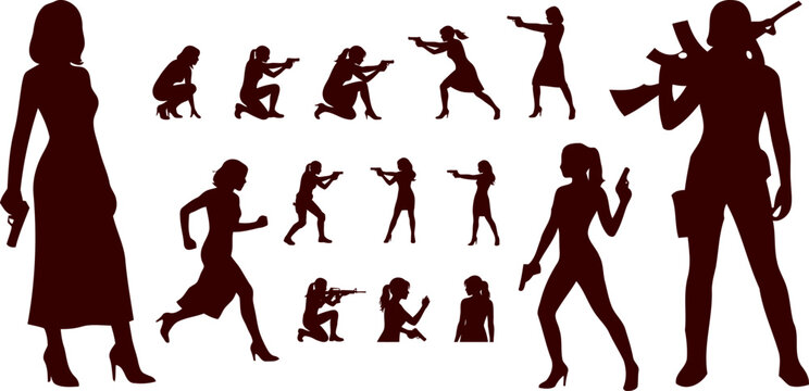 Female Secret Agent Silhouette Set. Spy, Detective and Undercover Operative Vector Collection