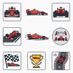 Obraz premium Formula 1 Racing Car Icons Set with Trophy and Checkered Flag