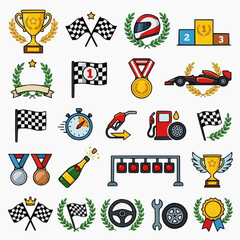 Naklejka premium Motorsport racing icons set with trophy, flags, helmet, car, podium and stopwatch