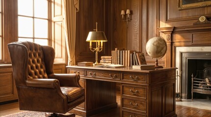 Obraz premium Classic home office with wooden desk and leather wingback chair. Traditional study room featuring fireplace and library atmosphere.