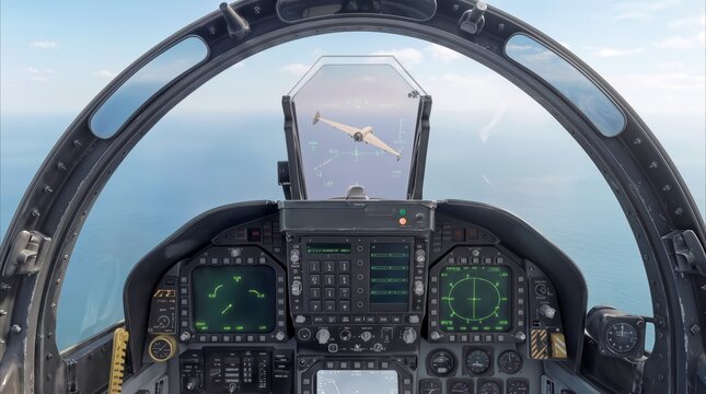 Cockpit view of jet aircraft flying over blue ocean. Pilot perspective showing head-up display targeting another plane during flight mission.
