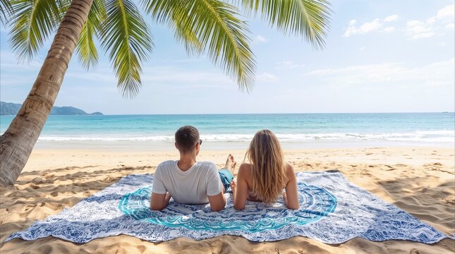 Partners lying on patterned blanket at tropical beach. Young man and woman sunbathing and looking at turquoise ocean water under palm tree. Summer vacation and travel concept.
