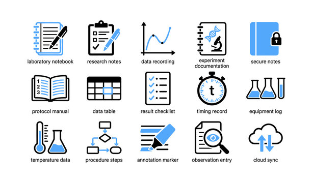 Laboratory notebooks and data recording icons in grid