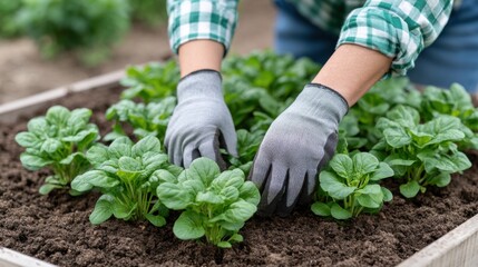 Fototapeta premium Gardener wearing gray gloves tending to green spinach plants in a raised garden bed with rich soil and blurred background of a garden setting