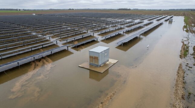Aerial view of flooded solar farm with submerged inverter station and sediment plumes after heavy rainfall
