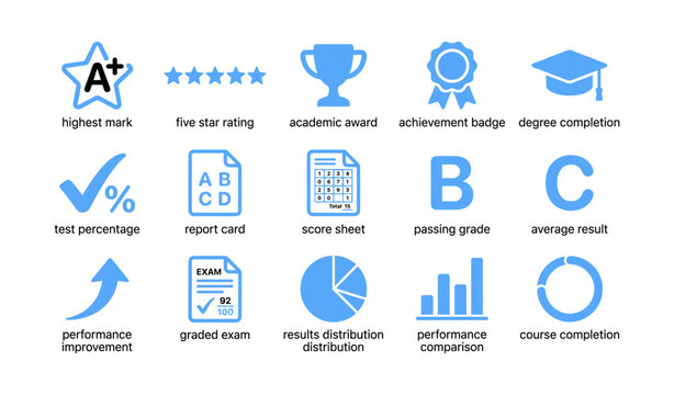 Academic achievement icons showing grades ratings and course completion