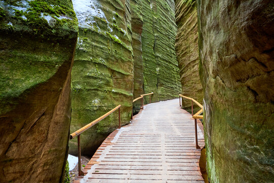 Narrow wooden pathway through moss-covered rock formations in a serene gorge
