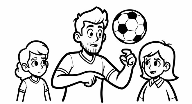 Cartoon coach teaching kids how to play soccer effectively.