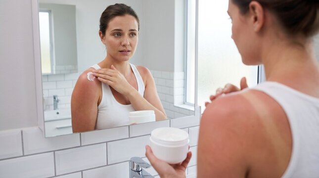 Young woman applying cream to sunburned shoulder while looking in bathroom mirror