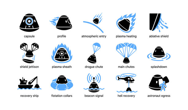 Capsule reentry and recovery icons grid on white background