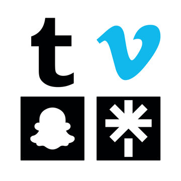 A 2x2 grid featuring iconic social media and platform logos, including Tumblr, Vimeo, Snapchat, and a stylized asterisk symbol, presented in high-contrast black, white, and blue designs.