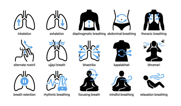 Set of breathing and pranayama icons on white background