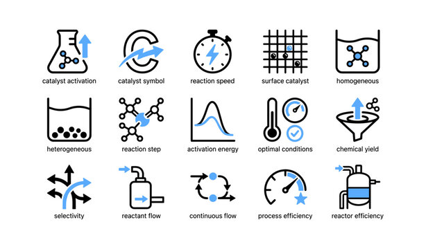 Catalysis and reactor icons showing reaction and process efficiency