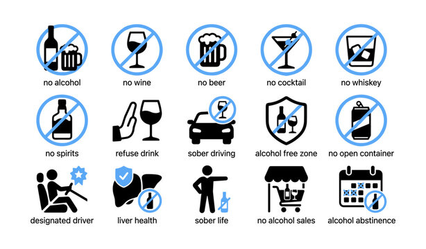 Alcohol prohibition icons promoting sober behavior and zones