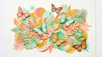 Obraz premium Vibrant paper art featuring colorful butterflies and lush foliage, creating a joyful and refreshing composition.