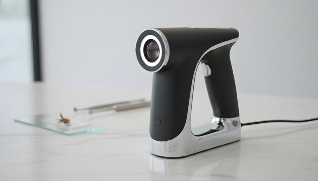 Modern handheld digital microscope camera standing on a clean laboratory desk with insect samples for biotechnology research concept