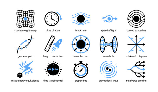 Spacetime and relativity icons illustrating physics concepts on white