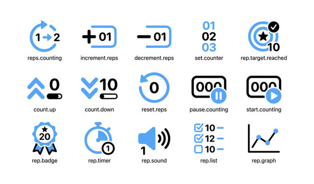 Rep counting and control icons arranged on white background