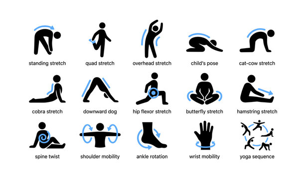 Stretching icons showing exercises and yoga poses on white