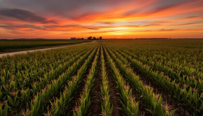 Fototapeta premium Symmetrical rows of a lush green midwest cornfield stretching to the horizon under a dramatic fiery sunset sky, representing agricultural abundance and rural farming concept