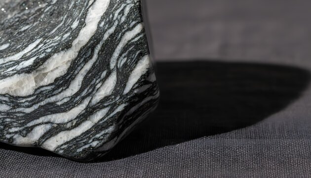 Macro shot of a migmatite rock specimen displaying complex ptygmatic folding layers on a dark background for earth science study and metamorphic geology concept