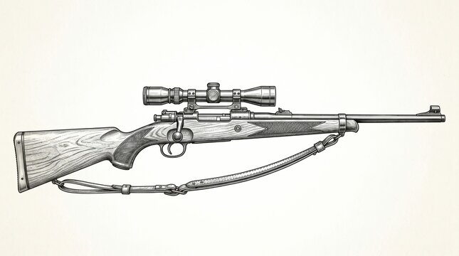 Detailed illustration of a hunting rifle with a wooden stock and mounted scope, showcasing craftsmanship and precision.