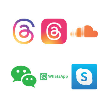 6 vector icons representing various popular social media, music streaming, and communication platforms. The collection includes recognizable brand logos such as Threads (in multiple variations), Sound