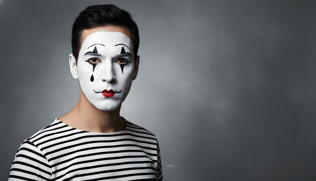 Portrait of a sad mime wearing a striped shirt and face paint looking at the camera against a grey background, representing silence and emotional masking concept