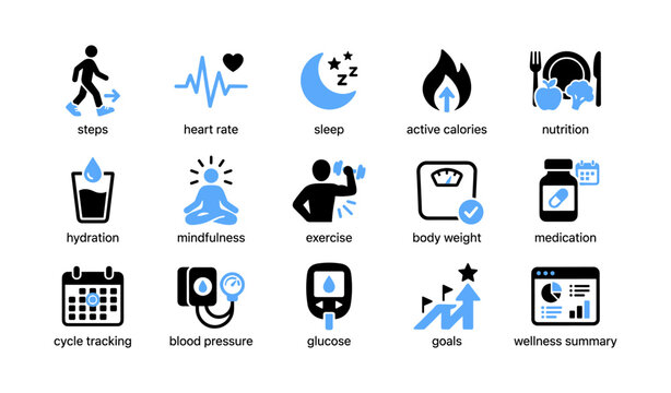 Health and fitness icons showing metrics and tracking on white