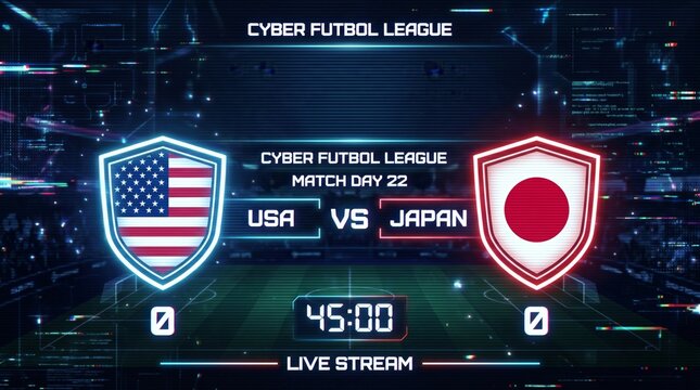 Digital scoreboard showcasing the Cyber Futbol League match between the USA and Japan, highlighting the live stream feature.