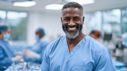 Obraz premium Male physician in blue scrubs smiles confidently in a modern medical facility, with surgical instruments and colleagues visible in the background
